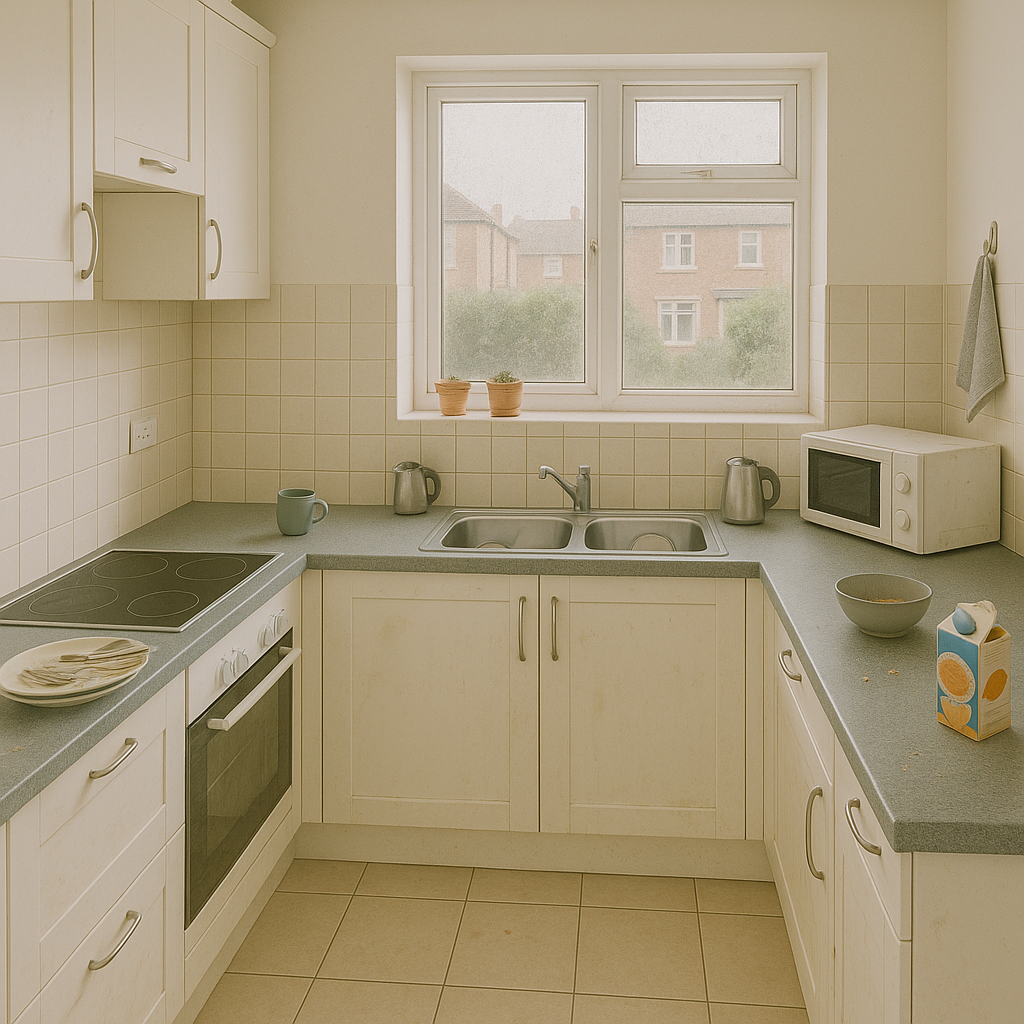 Before cleaning - messy kitchen
